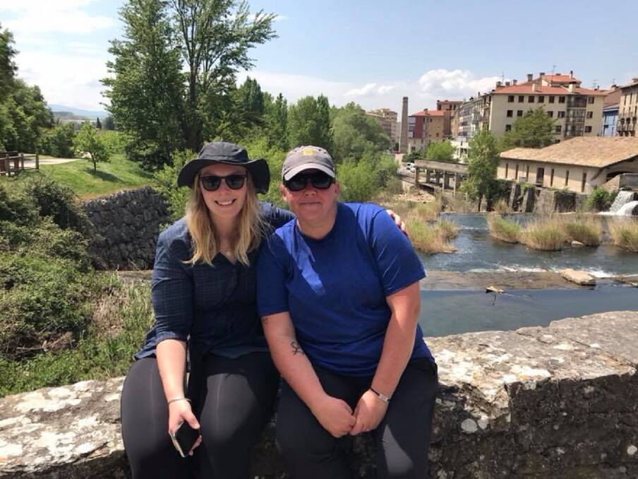 FOR MAYA'S REST: Tracey Beadman (right) and Gemma Geddes in Pamplona, Spain, four days into their 890km walk to raise funds for Maya's Rest. Photo: Supplied.