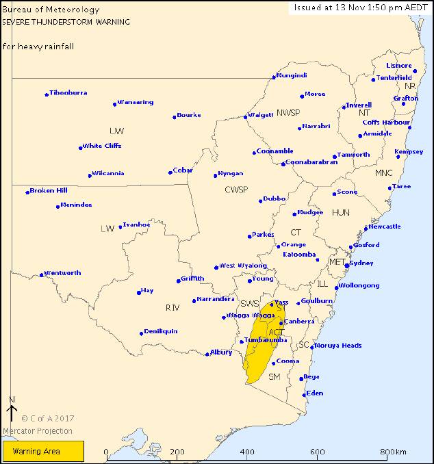 Severe thunderstorm warning for ACT and parts of NSW. Photo: Bureau of Meteorology