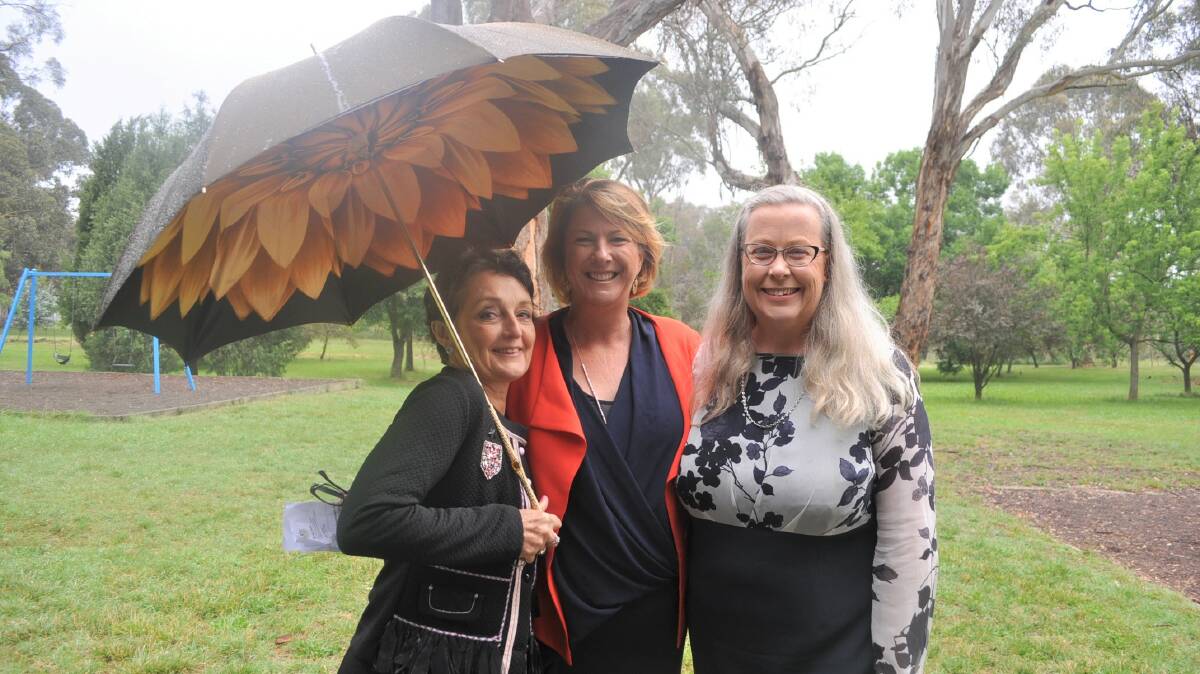 DEVELOPMENT TO BEGIN: Pru Goward (Member for Goulburn), Melinda Pavey (NSW Minister for Roads, Maritime and Freight) and Sophie Wade (Convenor of the Duplicate the Barton Highway Community Action Group) at the Barton Highway announcement today in Hall, ACT. Photo: Toby Vue