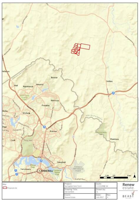 The proposal site (in red) in Sutton, northwest of the ACT-NSW border. Photo: Renew Estate