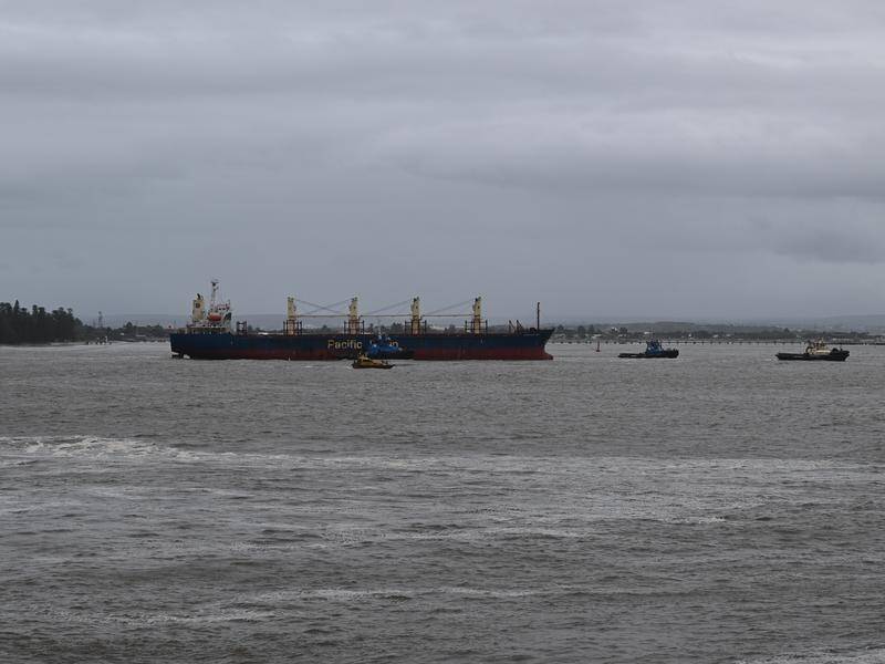 The Portland Bay was towed into Botany Bay after being left stricken in large seas.