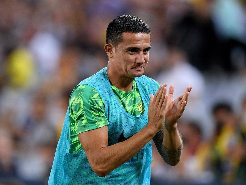 Tim Cahill gestures to the crowd as he warms up before taking the field in his last Socceroos game.