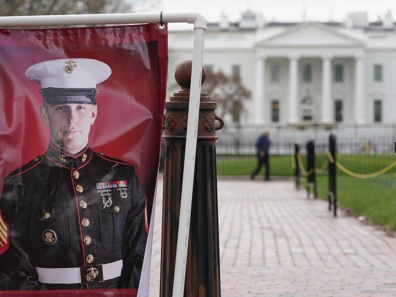 A poster of US Marine Corps veteran Trevor Reed in Lafayette Park near the White House, Washington.