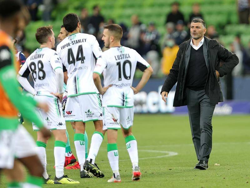 Western United coach John Aloisi and his players after their last A League game, on Boxing Day.