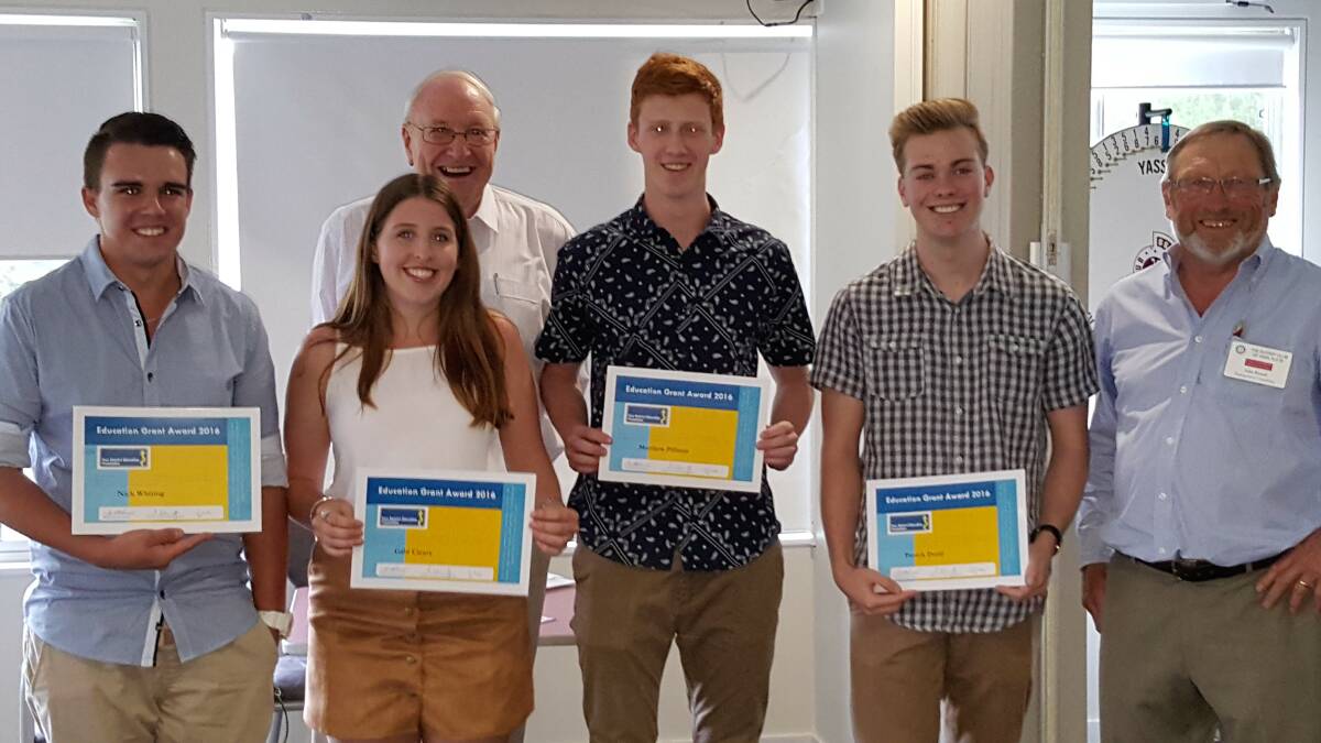 Nick Whiting, Gabby Cleary, Matthew Pilbrow and Patrick Dodd were recipients of this year’s Yass District Education Foundation annual scholarship program. Alfred McCarthy (back) and John Brassil (right) presented the awards on the night. 
