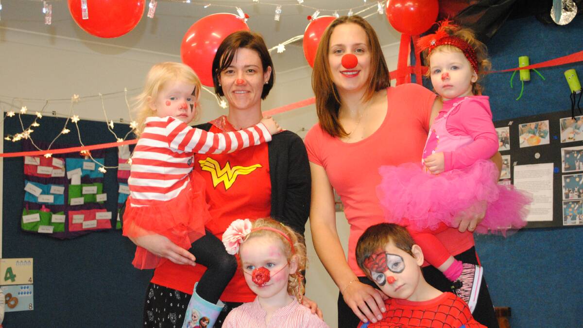 Alannah, Kendell, Amanda and Alice (back) and Grace and Joshua (front) enjoyed a Red Nose Day Disco last week. Photo: Oliver Watson.
