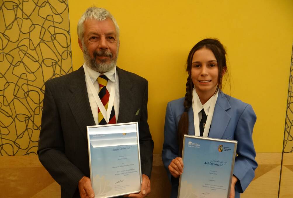 Ron Simpson and Tyan Bell took away awards at the 2014 Regional 'Inspire Succeed Excel' Aboriginal Education Excellence Awards in Batemans Bay recently. Photo: Supplied.
