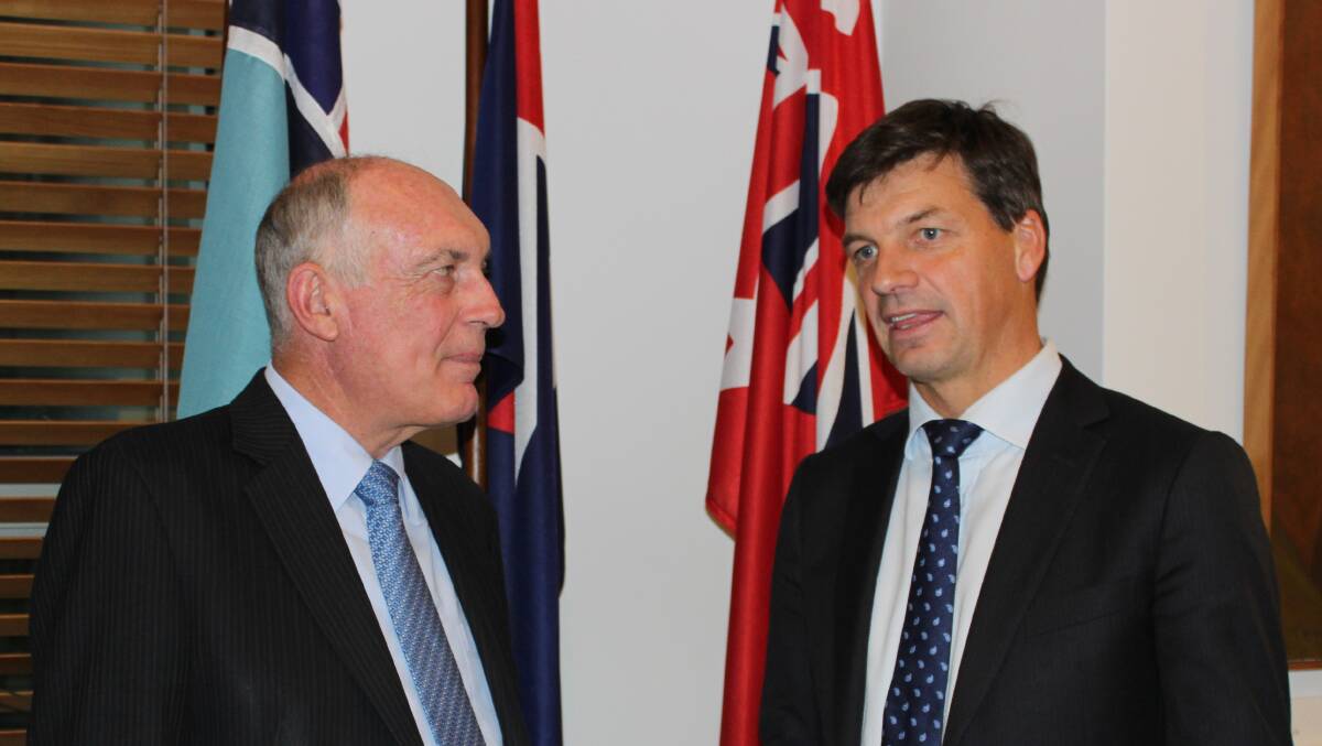 Angus Taylor welcoming the announcement of $6.1 million for a water pipeline in Murrumbateman with the Minister for Infrastructure and Regional Development. Photo: Supplied. 
