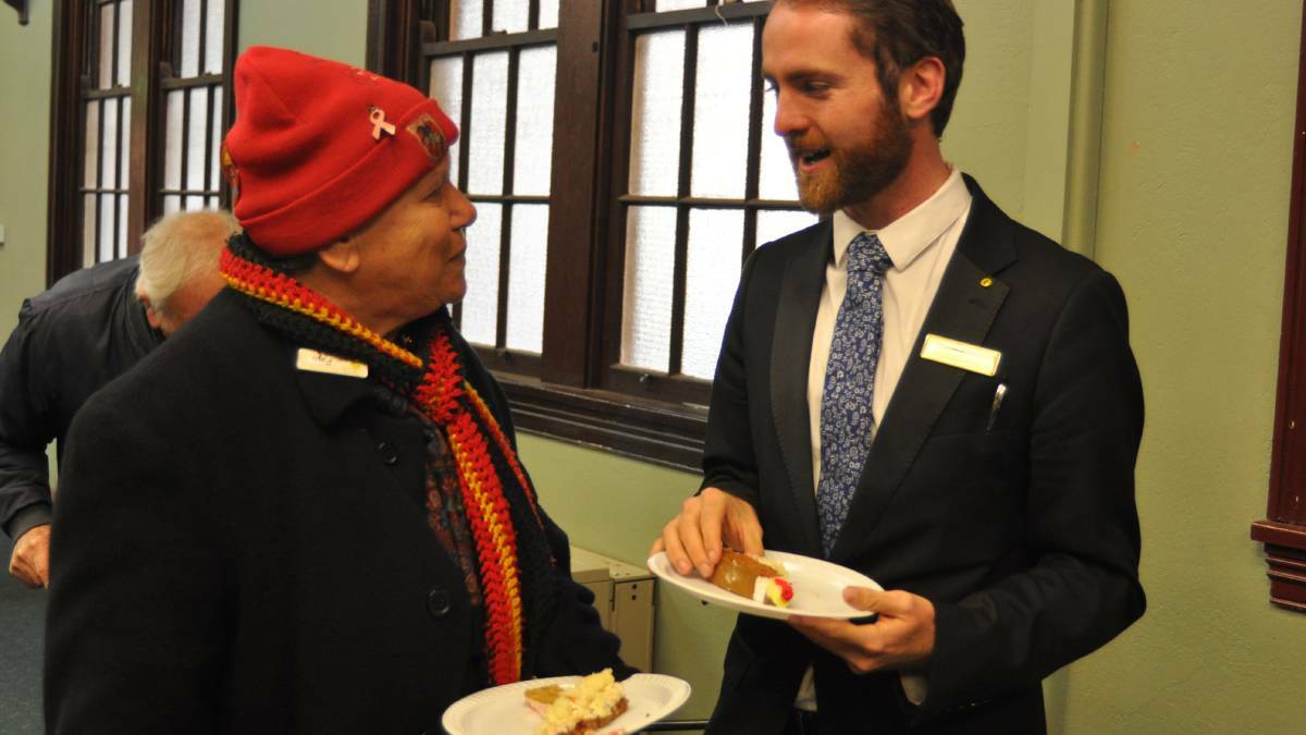 Ngunnawal Aboriginal elder Pam Bell talks with Yass Valley Council's deputy mayor Nathan Furry. Photo: Hannah Sparks
