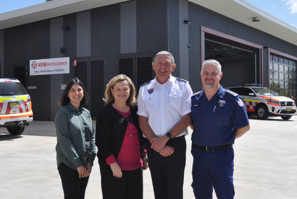 Health Infrastructure project director Anastasia Koutsamanis, member for Goulburn Wendy Tuckerman, NSW Ambulance Superintendent Mark Gibbs and NSW Ambulance Inspector Andrew Long at the new ambulance station in Yass. Photo: Hannah Sparks