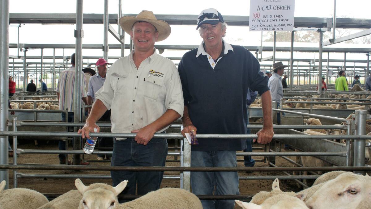 Greg Anderson (left), MD and JJ Anderson, got the second top price at SELX for John O’Brien (right) from Boobalaga, Crookwell. Photo: Hannah Sparks