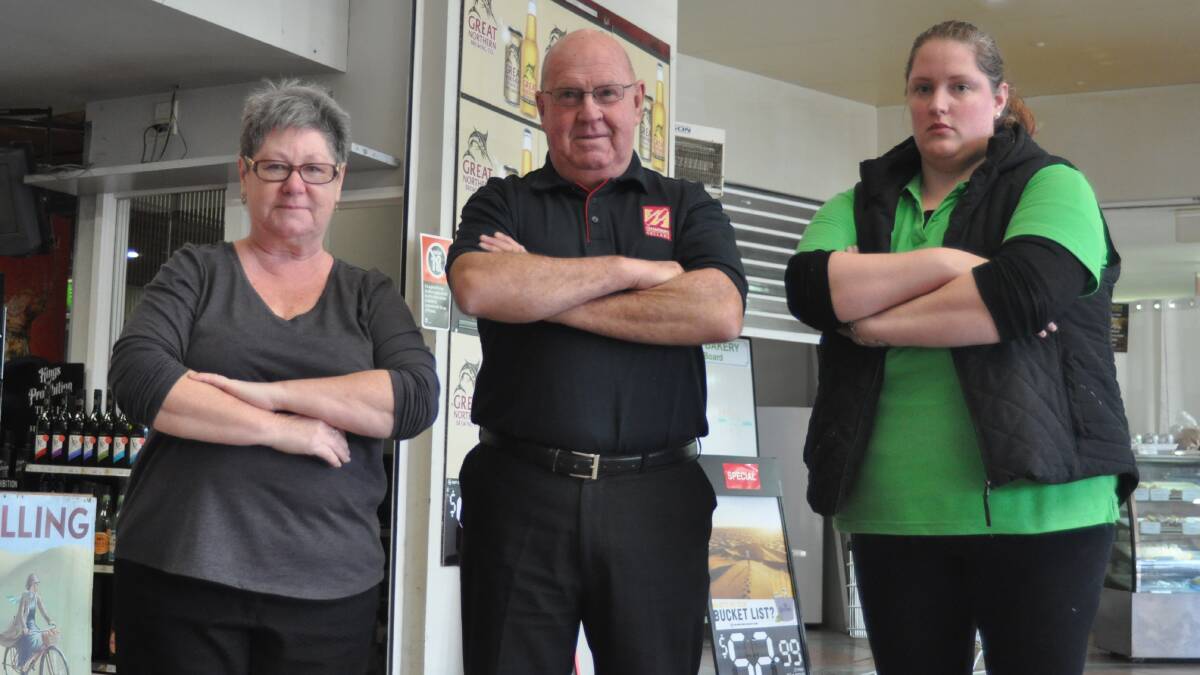 Hurt businesses: Yass Country Kitchen owner Julie Rosser, Chambers Cellars owner Mick Gaffney and Yass Valley Bakery owner Kirsty Forster inside Irvine's Square.