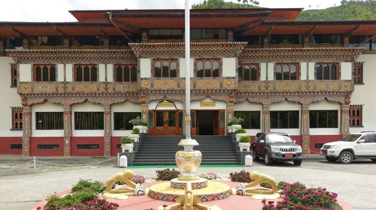 Outside the Parliament of Bhutan, which currently relies more on paper than technology in its day-to-day activities.