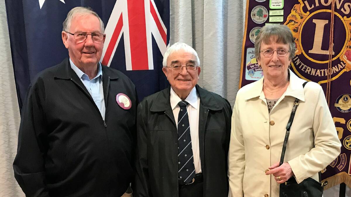 YOU NEVER KNOW WHO YOU KNOW: Local tax agent Joe Buhagiar (middle) shared his personal story at the Yass Lions Club meeting. Here he is with wife Edie Buhagiar and local Lions president Stan Luff. Picture: Hannah Sparks