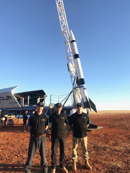 Pete Chatwin, Joe Winter and Lincoln Farnsworth of Cingulan Space in Yass assist Gilmour Space Technologies' rocket test launch in Queensland. Photo: supplied