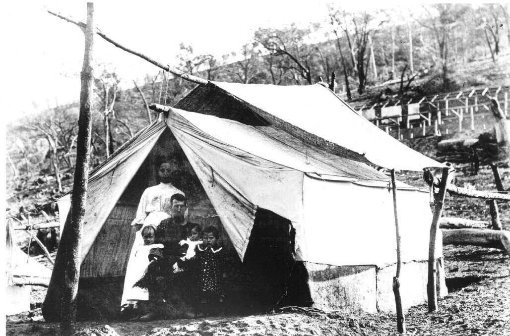 Settlers: A family pictured by its tent at Barren Jack prior to 1908. Photo: Yass & District Historical Society Collection.
