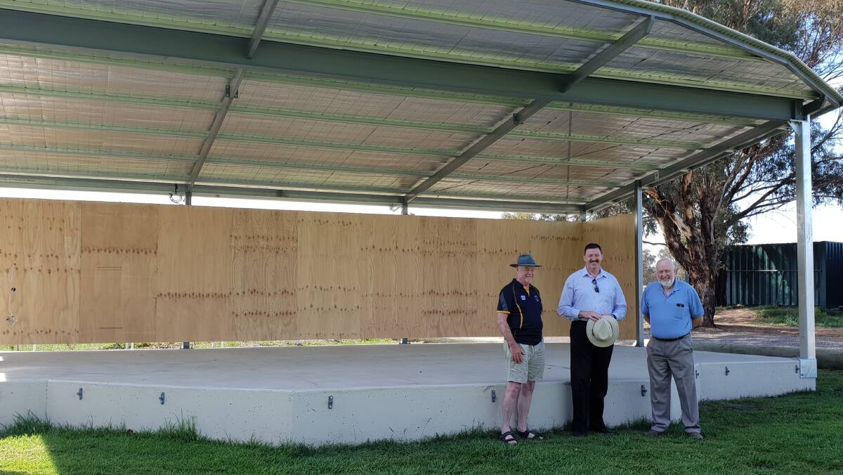 Mike Reid, Mike Kelly and Bob Evans check out the new, all-weather roof at the Murrumbateman Recreation Grounds. Photo: supplied