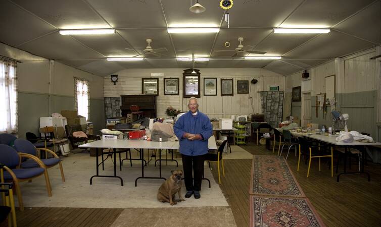 Pat and Shelby the dog, inside Jerrawa Hall.
