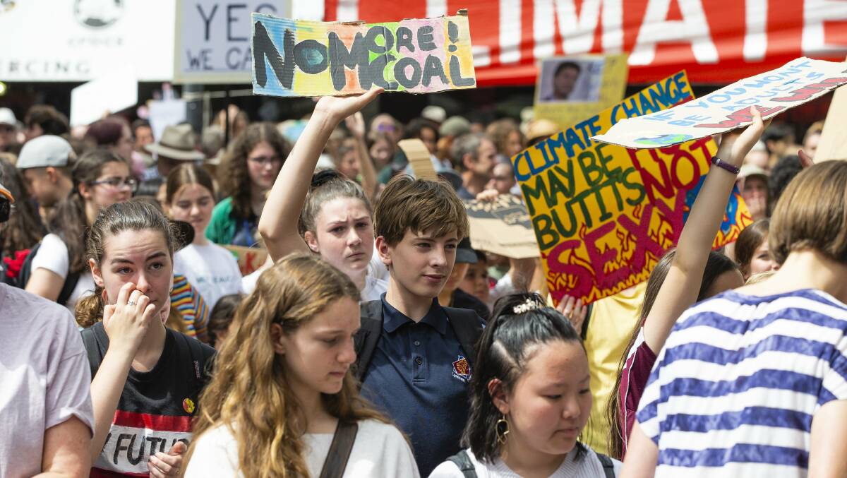 Canberra school students strike from school to protest Adani's coal mine and government inaction on climate change. Photo: Terry Cunningham