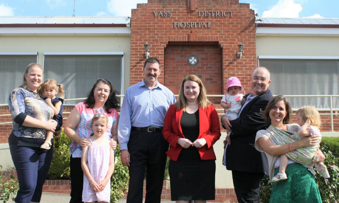 Safe to birth: Local mothers Lindsay Hollingsworth, Bec Duncan (left) and Jasmin Jones (right) ask politicians Mike Kelly, Tara Moriarty and Walt Secord (middle) for more maternity services at Yass Hospital. Photo: Hannah Sparks