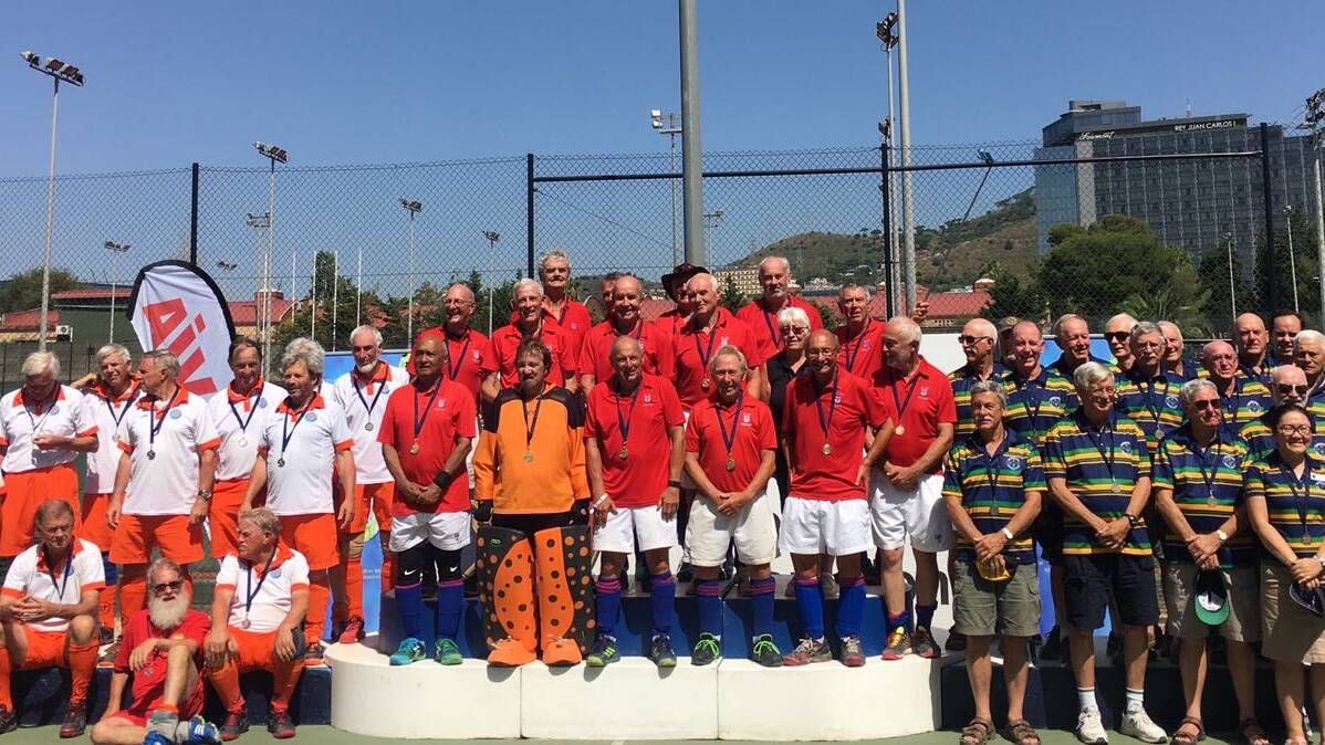 SHOOT FOR STARS: Murrumbateman Physio joined and assisted the Australian Southern Cross Men's Masters team at the Grand Masters Hockey World Cup 2018. Picture: supplied