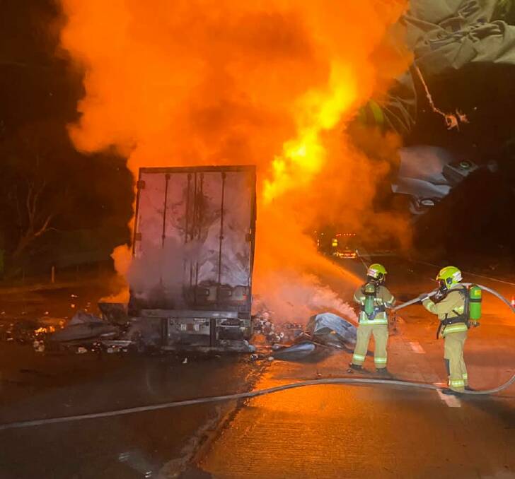 The truck carrying toilet paper went up in flames. Photo: Fire and Rescue NSW 