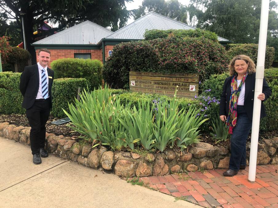 Yass Valley Deputy Mayor Nathan Furry and Member for Goulburn Wendy Tuckerman in front of the Hume Hovell Walking Track Signage at Yass Visitor Information Centre. Pic: Supplied