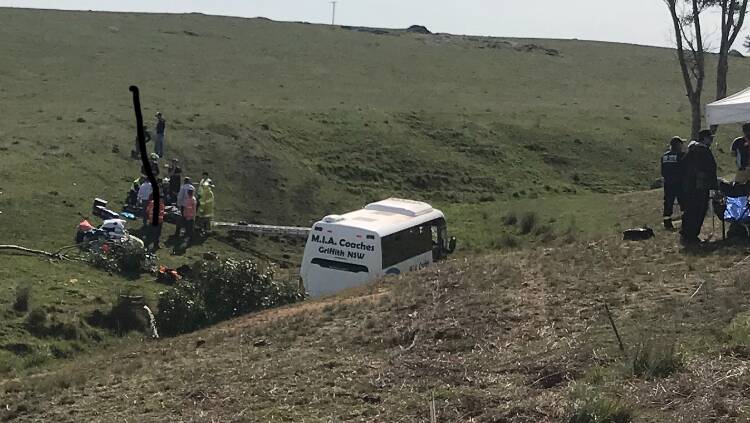 CRASH SCENE: The bus that crashed off Burley Griffin Way at Murrumburrah. Photo: SUPPLIED