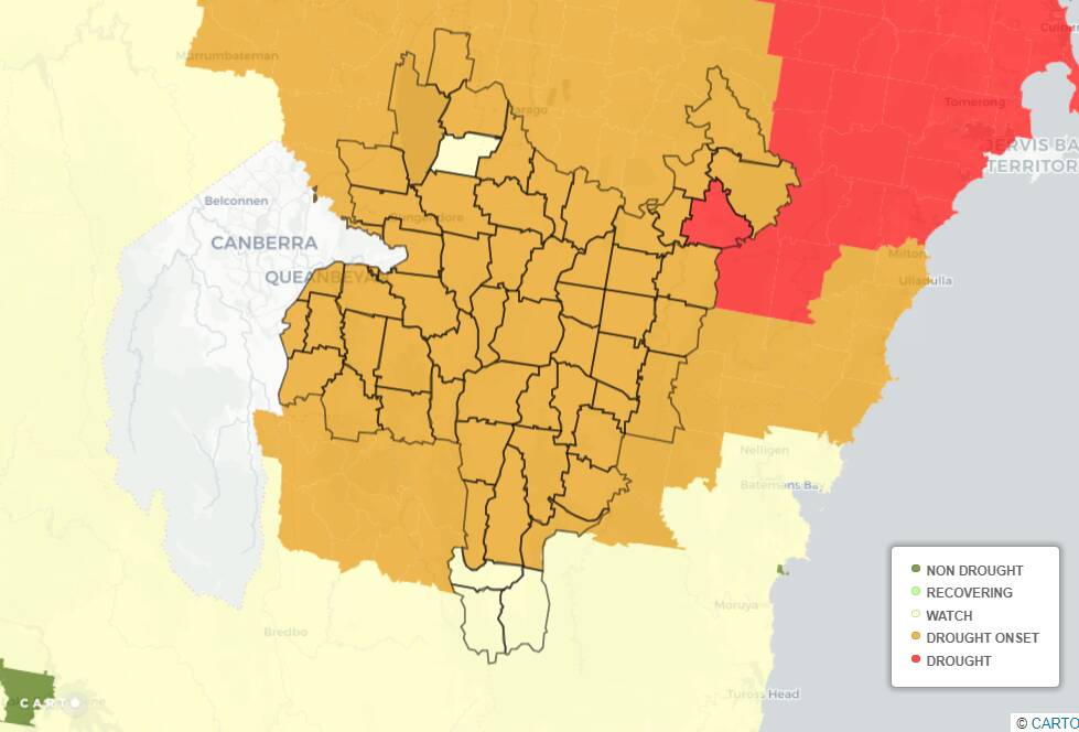 Combined drought indicator in Queanbeyan-Palerang. The orange is 'drought onset' the red is 'drought' areas. 