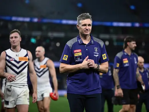 Justin Longmuir's Dockers are on a 10-match winning streak as they head to the Gabba. Photo: Joel Carrett/AAP PHOTOS