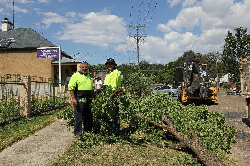 Peter Muscat and Dion Blundell clear away the tree branch that fell onto Comur Street, blocking traffic, in the high winds yesterday. 