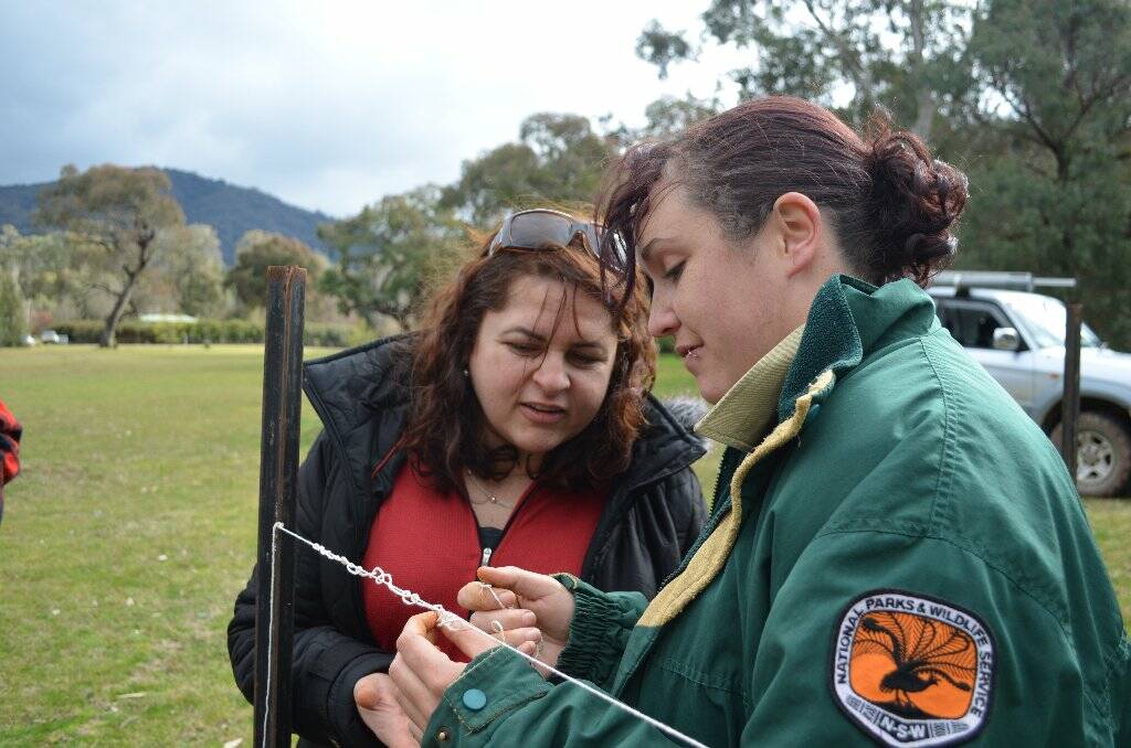 NSW National Parks Aboriginal Discovery Ranger Taleah from Tumut  using traditional weaving methods to make a string bag last weekend.