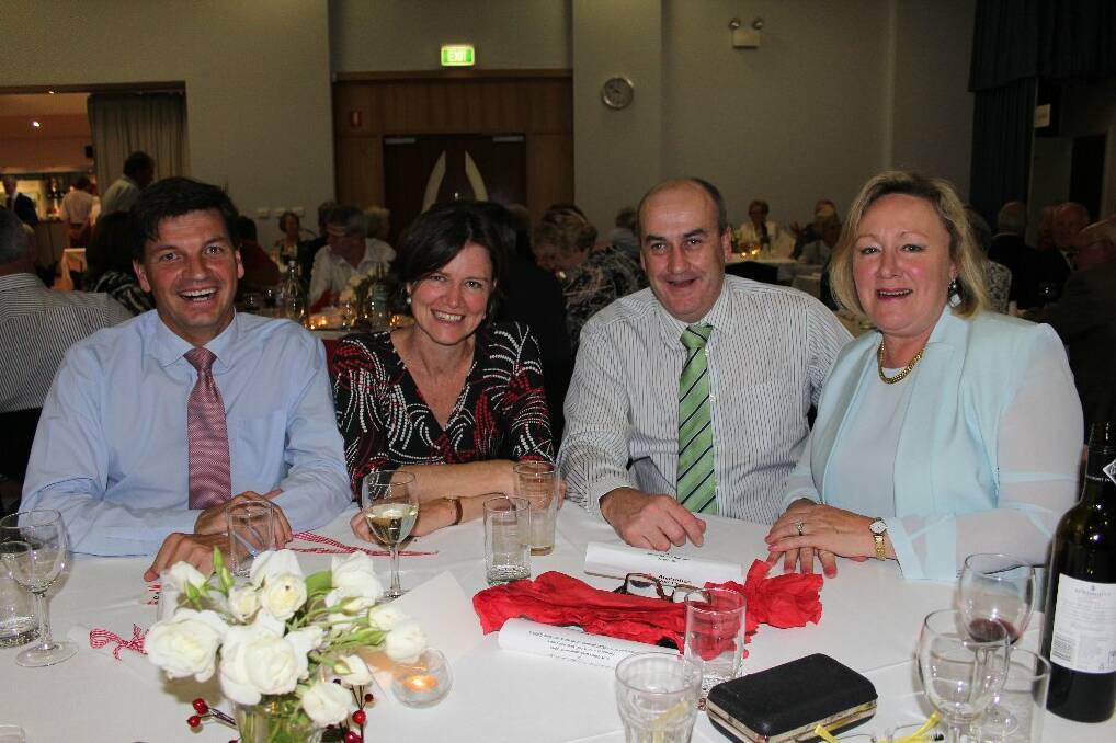 Candidate for the seat of Hume Angus Taylor, with his wife Louise, and Yass Valley councillors Michael McManus and Rowena Abbey at the Laurie Oakes dinner.