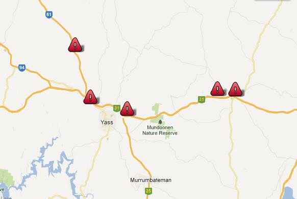 Map of the Yass region marked with the locations of various truck accidents this week. Photo: Google maps.